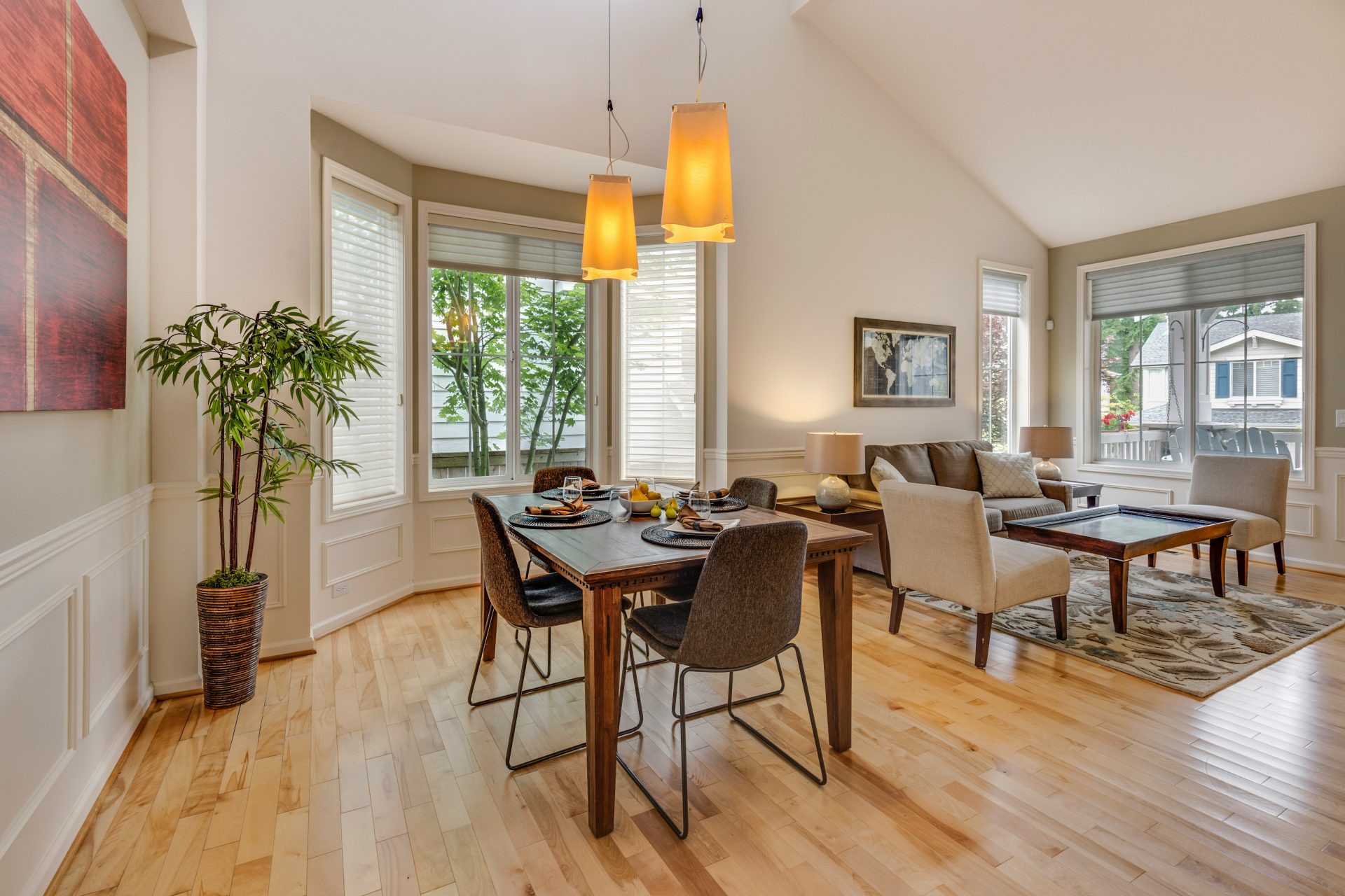 Bright dining area with plants